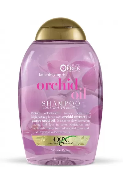 مراقبت-از-رنگ-مو-بدون-سولفات-حاوی-عصاره-روغن-ارکیده-و-روغن-هسته-انگور-محافظت-کننده-از-مو-در-برابر-اشعه-UVA/UVB-صاف-کننده-و-براق-کننده-Orchid-oil-shampoo-او-جی-ایکس-Ogx-شامپو-روغن-ارکیده