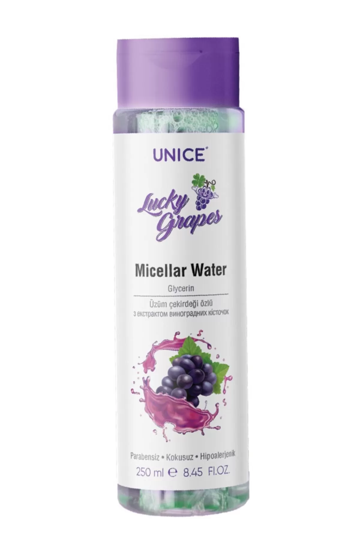 انتی اکسیدان قوی  بدون پارابن بدون عطر مناسب انواع پوست یونیک Unice میسلار واتر Lucky grapes